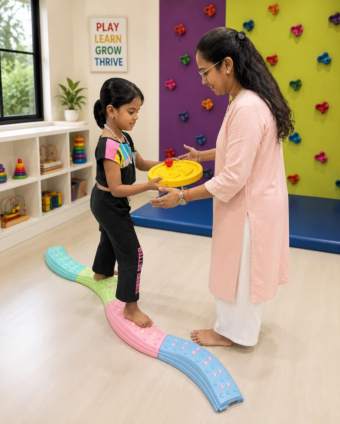 Young girl walking a wavy tactile balance beam while balancing a disc game with therapist guidance