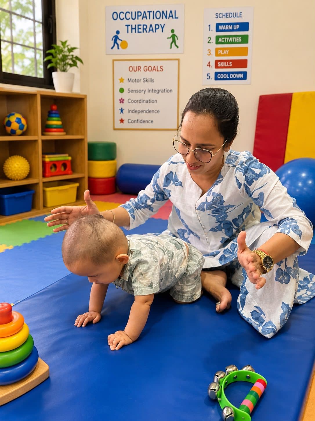 A baby practising crawling on a padded mat with Dr. Sharuja encouraging