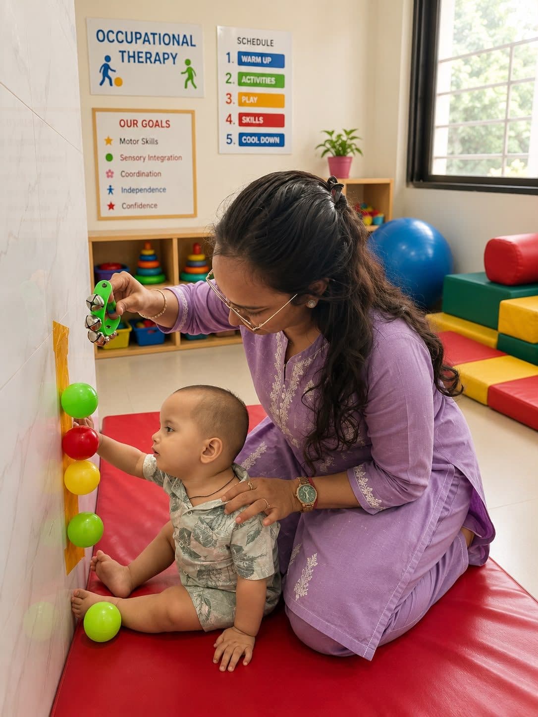 Baby reaching for colorful balls fixed to the wall, building shoulder strength and hand-eye coordination