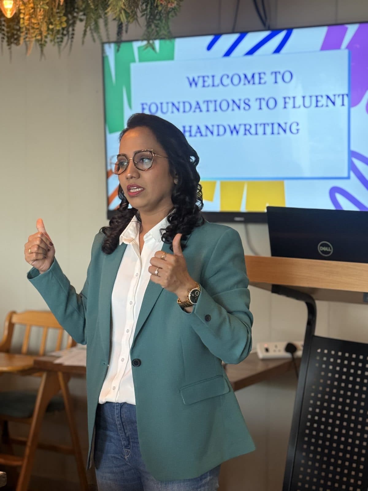 Dr. Sharuja presenting the Foundations to Fluent Handwriting workshop