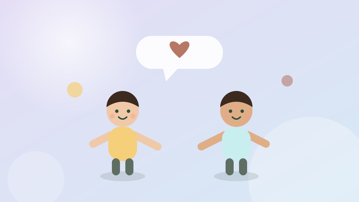 Illustration of two children connecting, with a heart in a speech bubble between them