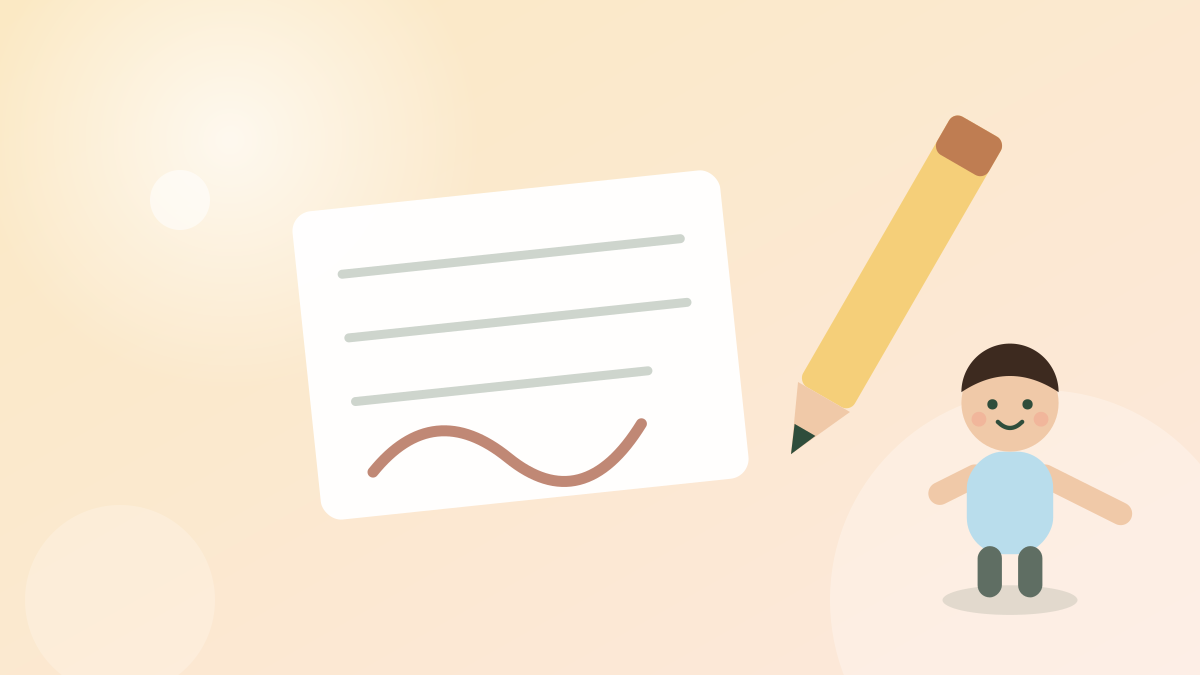 Illustration of a child beside lined paper and a large pencil