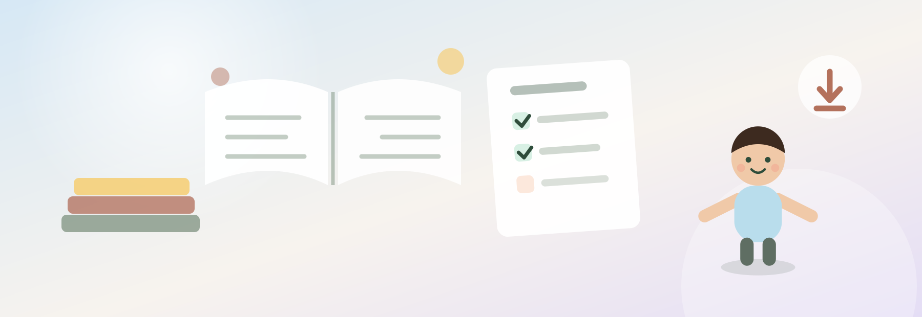Illustration of parent guides, an open book, a checklist and a download icon