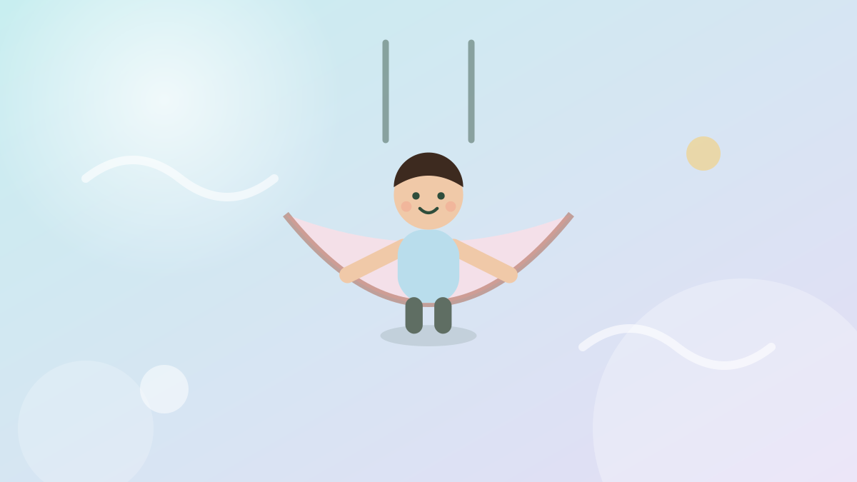 Illustration of a child resting calmly in a sensory swing with gentle waves