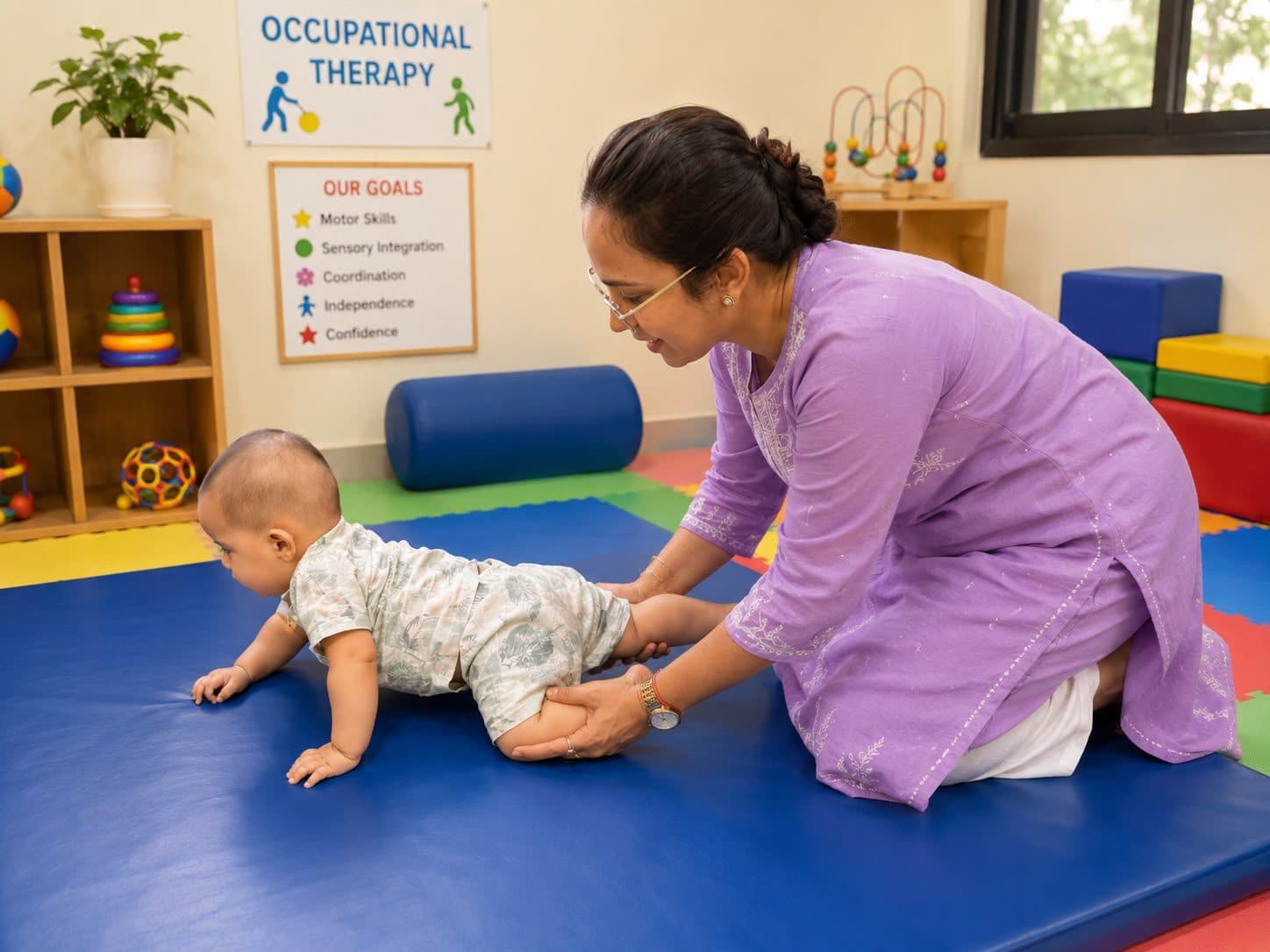 Therapist supporting an infant during crawling practice